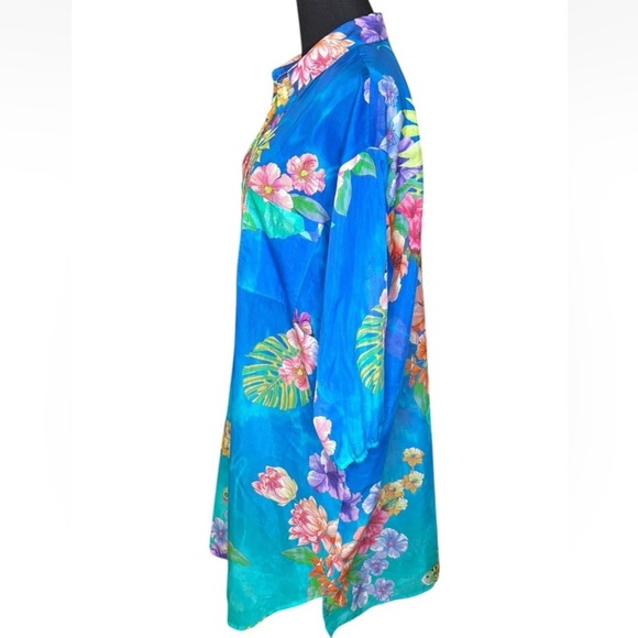 Johnny Was Water Tropic shirt Dress Medium M Coverup Top Tunic Blue Floral Shirt - Picture 3 of 5